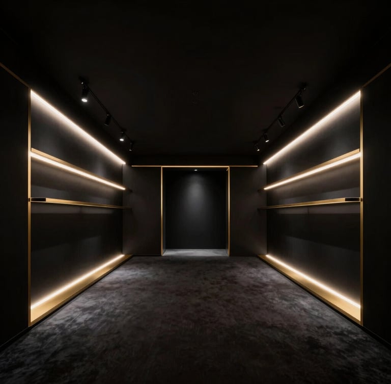 Sleek luxury retail pop-up interior, architectural lines, minimal gold trim, dramatic spotlighting on a single featured product, deep black background, wide angle