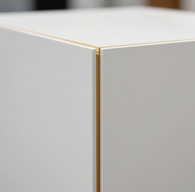 Close-up macro shot of a flawlessly joined custom wooden exhibition panel, pristine white matte finish, architectural gold reveal line, sharp focus, technical precision