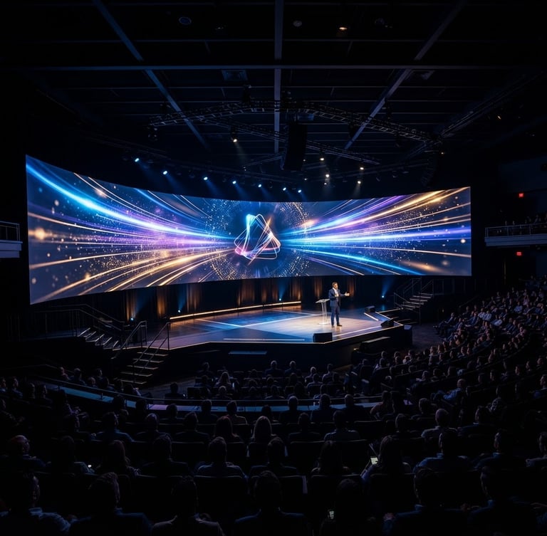 Wide architectural shot of a massive LED stage at a luxury corporate keynote, deep blacks, high-contrast dramatic lighting, vibrant screen glows.