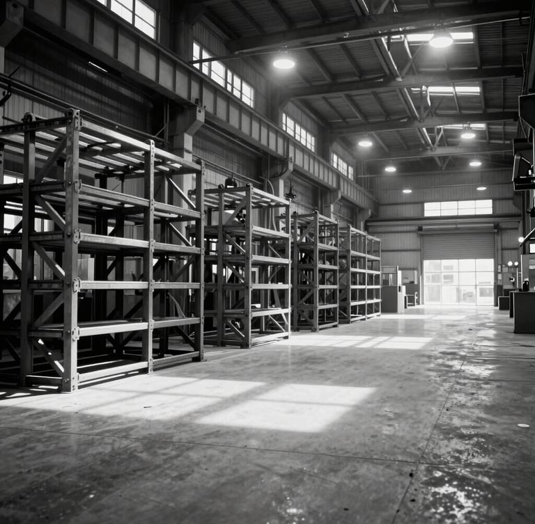Stark black and white wide-angle photograph of a spacious industrial fabrication workshop, steel trusses stacked on the left, dramatic overhead spotlights casting sharp architectural shadows on the concrete floor, clean negative space on the right.