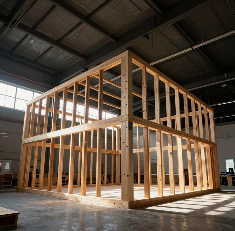 Low-angle architectural shot of a massive, half-assembled wooden exhibition structure inside a clean industrial workshop, dramatic natural light streaming through high windows, sawdust particles visible in light beams