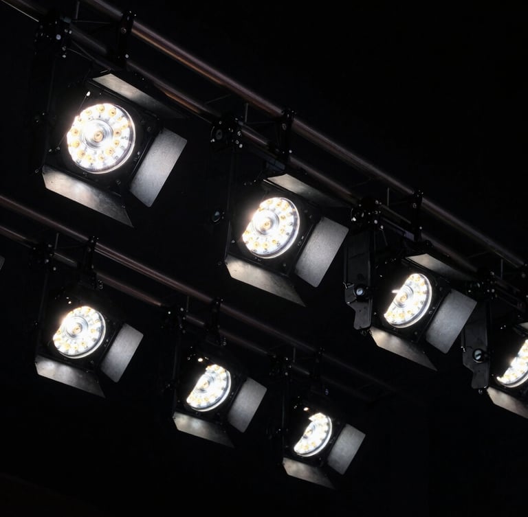 Tight macro shot of premium stage lighting details and structural rigging against a deep black background, high contrast.