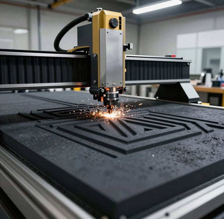 A close-up of a precision CNC router cutting a clean geometric pattern into a dark charcoal panel in a modern, brightly lit workshop, sparks and dust-free environment