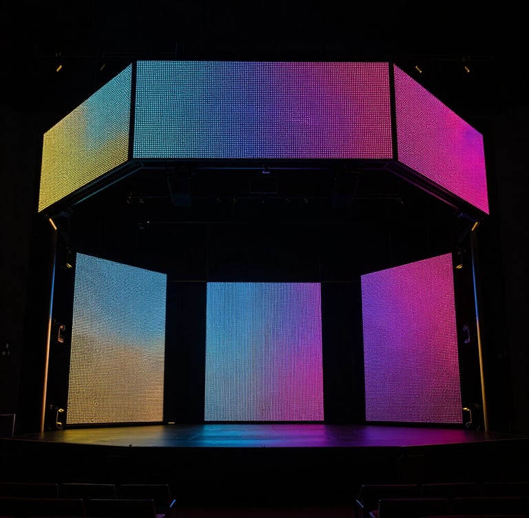 Portrait framing, tight architectural shot of a dramatic LED stage installation, deep shadows, vibrant screen glows against a dark room, minimal gold accents, high-contrast lighting.
