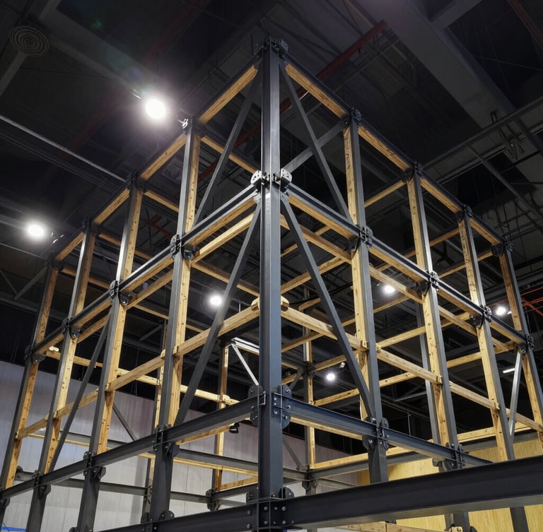 Low-angle architectural shot of a massive steel and wooden exhibition framework under dramatic venue spotlights, showing clean joints and structural integrity.