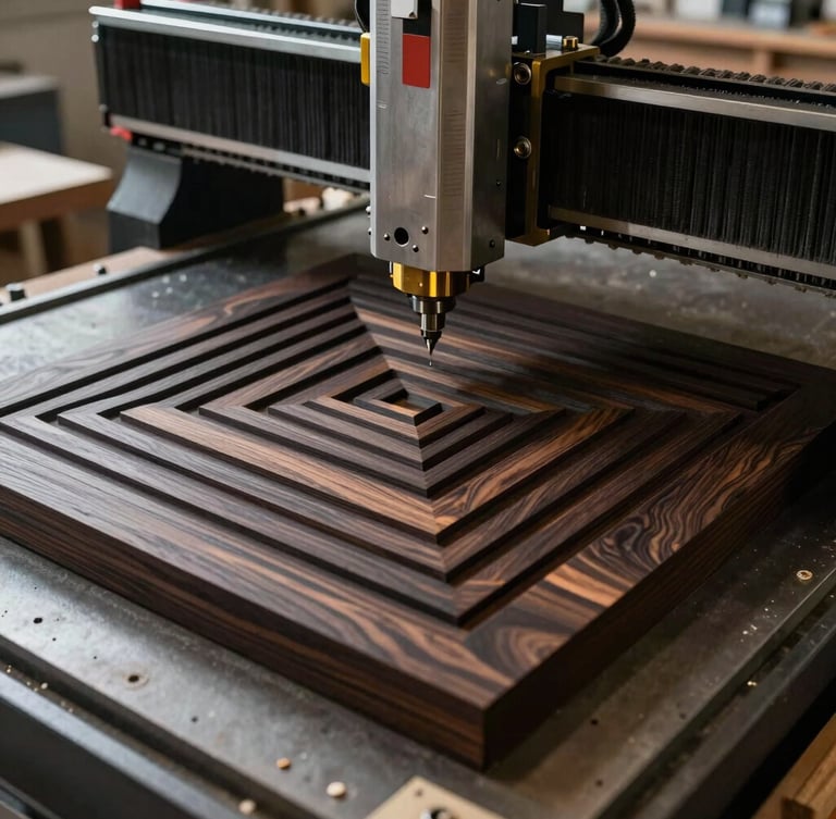 Tactile close-up of workshop fabrication. A high-precision CNC router milling a geometric pattern into a dark hardwood panel. Natural dramatic workshop light highlighting wood grain and clean edges, sharp focus.