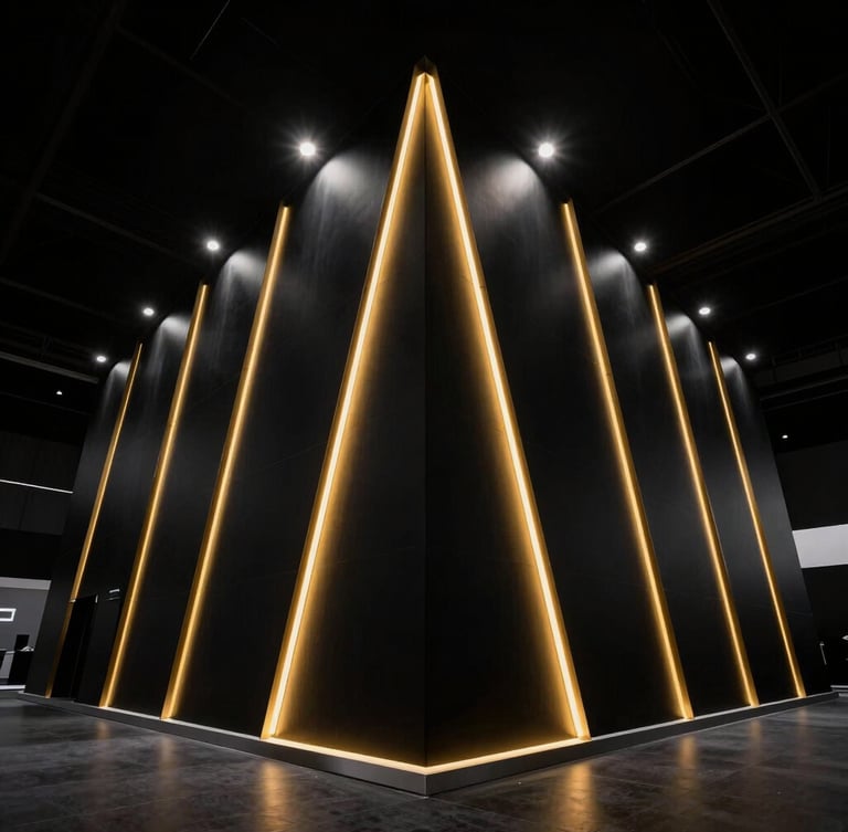 Dramatic portrait angle of a sleek, modern exhibition booth with razor-sharp gold accents against deep black walls, high-contrast lighting, architectural framing.