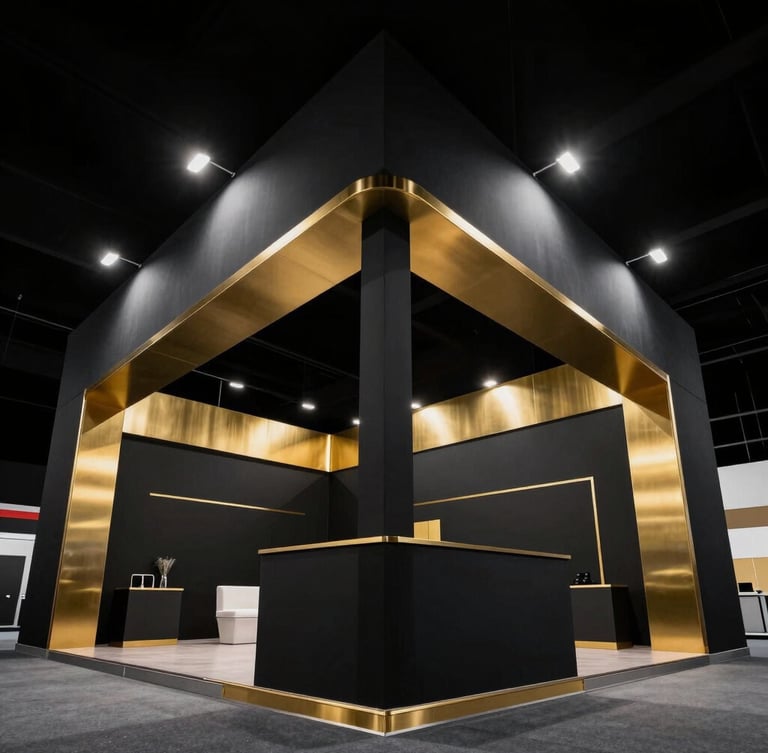 Heroic low-angle architectural photography of a massive, premium custom exhibition stall. Dramatic high-contrast venue lighting with deep charcoal structures and brushed gold accents. Sharp wide-angle lens, clean lines, no people.