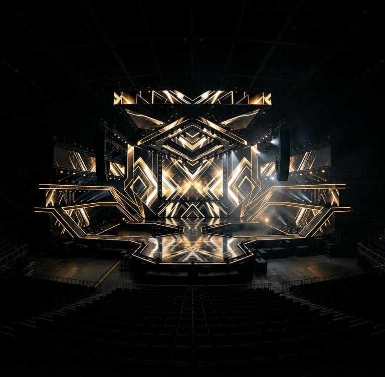 Wide-angle architectural photograph of a massive, high-contrast active LED stage in a pitch-black arena, dramatic gold lighting accents, sharp geometry, ultra-premium scale