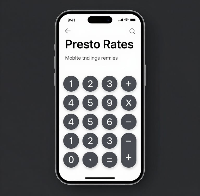 High-fidelity UI mockup of the Presto Rates mobile calculator interface, flat high-key studio lighting, stark neutral dark background, orthographic front-on frame.