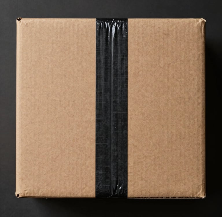 Top-down orthographic view of a clean cardboard shipping box with minimalist black packing tape, flat studio lighting, dark background.