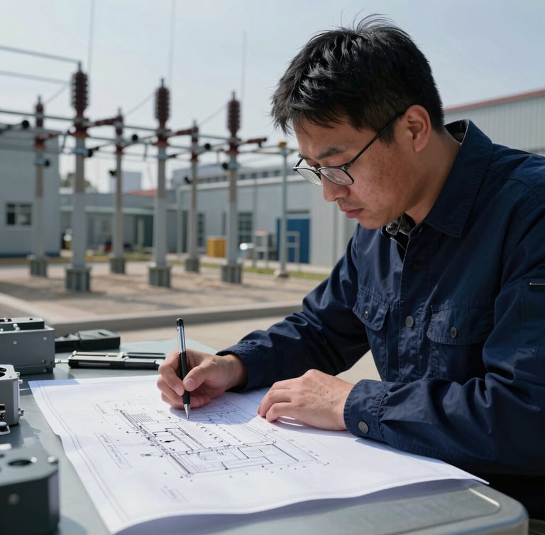 An electrical engineer analyzing blueprint schematics on-site at an industrial facility, cool-toned daylight, high-contrast shadows