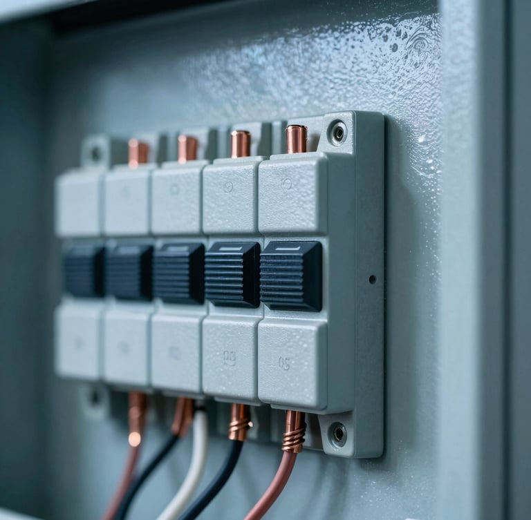 Macro detail shot of an industrial breaker panel with copper wiring, cool overcast daylight, high-contrast shadows, metallic blue tones.