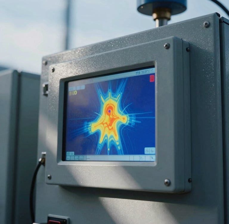 Close-up of a thermal imaging diagnostic screen showing high-contrast heat signatures on an industrial breaker panel, cool overcast daylight casting sharp shadows, high-contrast technical photography, 35mm