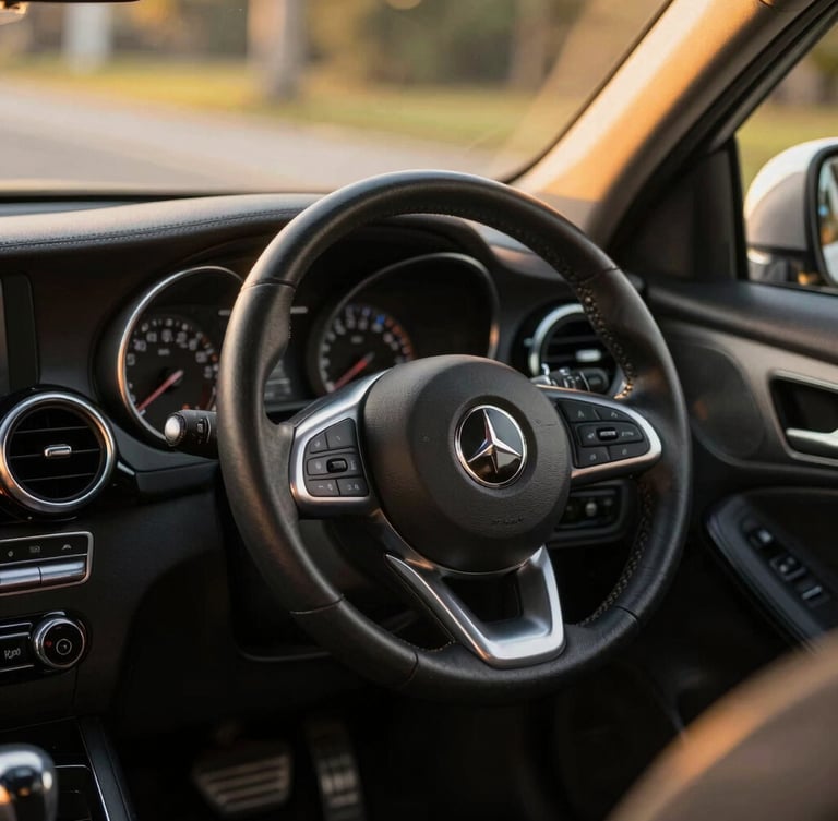 Close-up of a well-maintained car interior, warm golden-hour sunlight illuminating the clean dashboard and steering wheel, 35mm lens, shallow depth of field.
