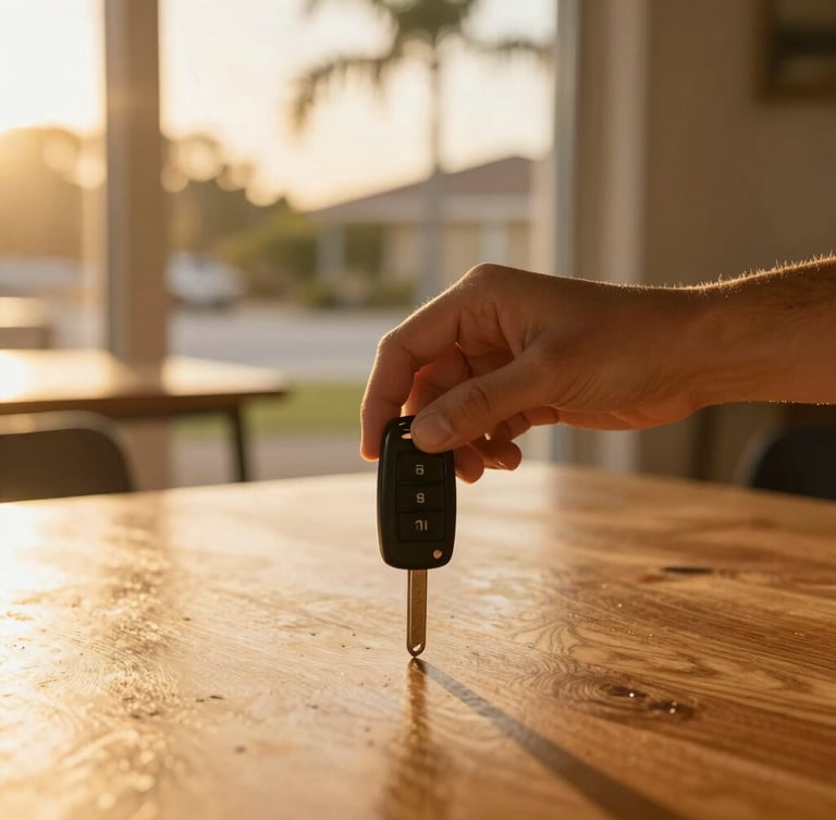 Close-up of hands passing car keys over a clean wooden table, warm Florida golden-hour sunlight streaming through a window, 35mm lens