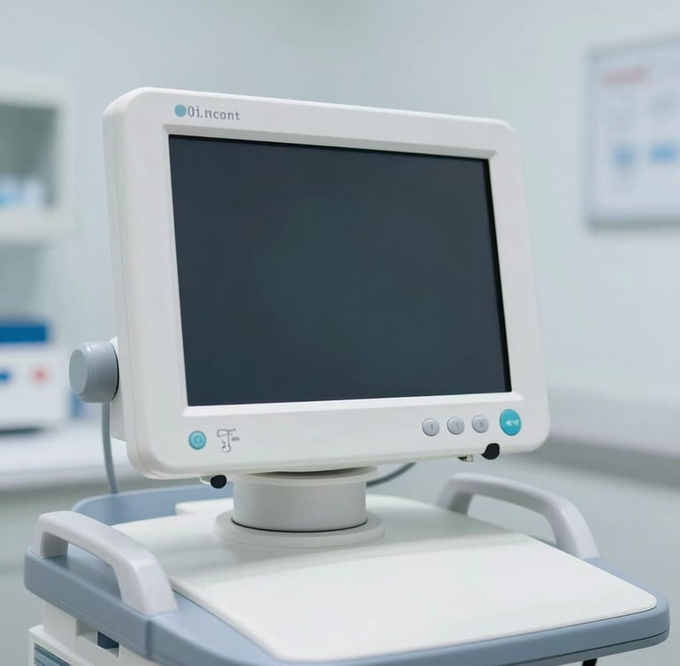 Close-up of a high-end medical diagnostic monitor in a sterile, bright daylight clinical room, sharp focus, professional editorial style.