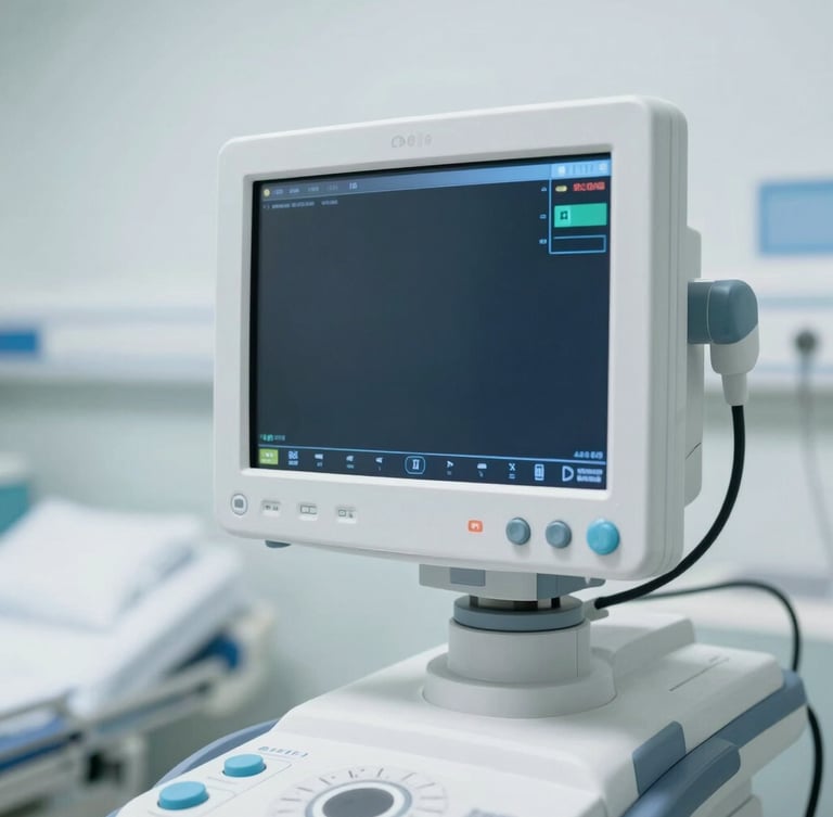 Close-up of advanced medical diagnostic monitor in a sterile, modern Canadian hospital ward, cool daylight undertones, professional editorial style, 35mm lens