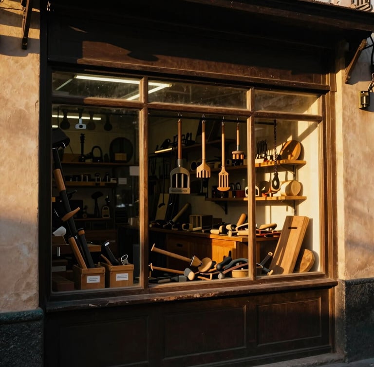 Warm editorial photography of a traditional Argentine hardware store storefront at golden hour, warm window light reflecting on wood and tools, deep shadows, 35mm