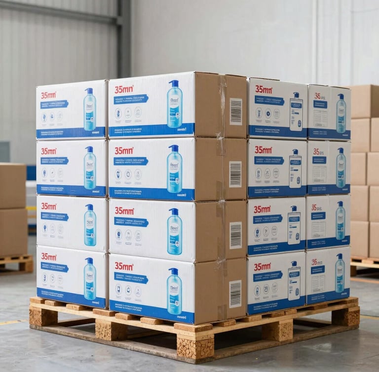 Industrial commercial photography of stacked cardboard boxes of household paper products on a wooden pallet, clean warehouse environment, bright lighting, sharp focus, 35mm