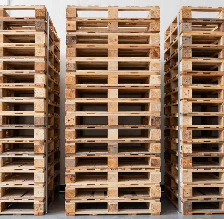 Straight-on wide-angle shot of neatly stacked warehouse pallets on industrial steel racks, bright high-key lighting, clean organized composition, 35mm