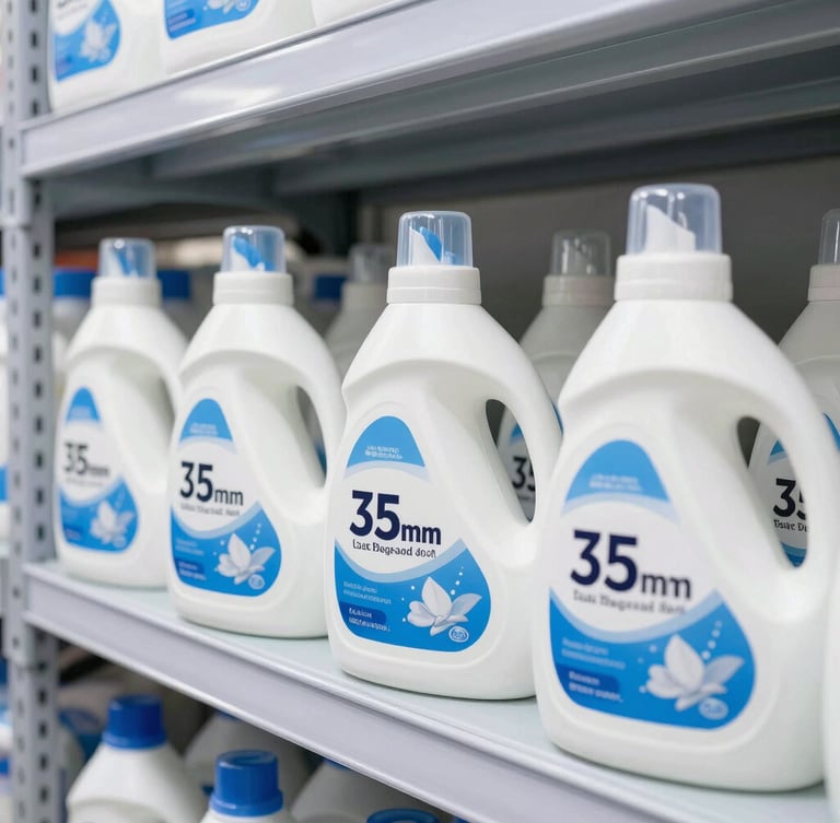 Clean, organized commercial product shot of bulk laundry detergent bottles and cleaning sprays stacked on a steel warehouse shelf, bright high-key lighting, sharp focus, 35mm