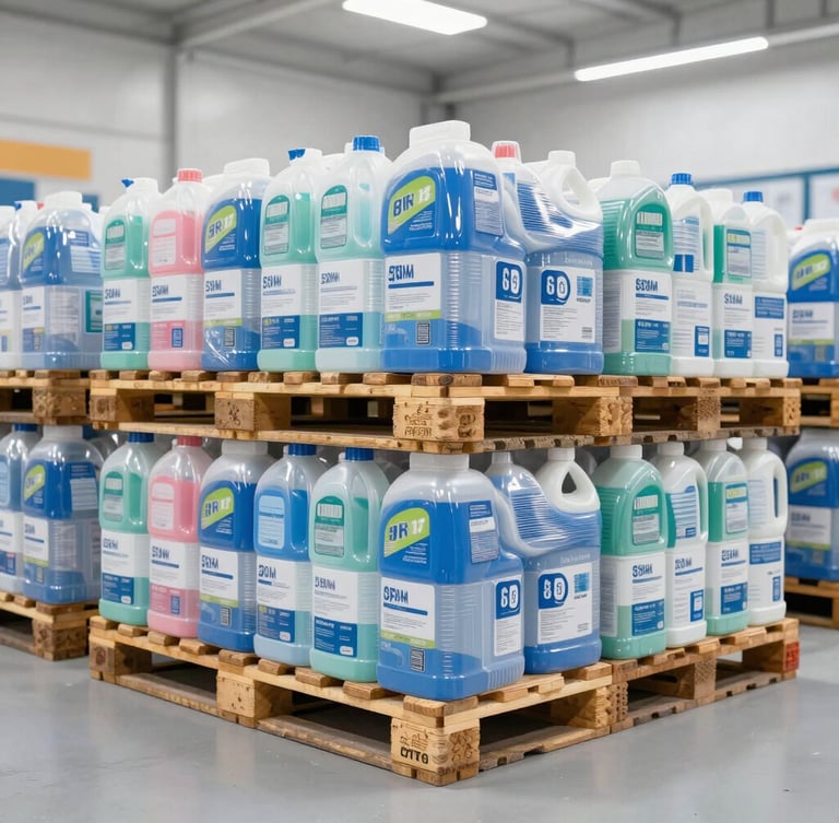 Straight-on industrial commercial photography of neatly stacked pallets of cleaning supplies in a bright high-key warehouse, sharp focus, 35mm