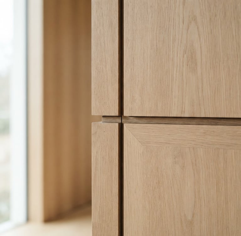 Close-up of premium light wood veneer joints, soft natural window light, architectural interior photography, high-end editorial feel