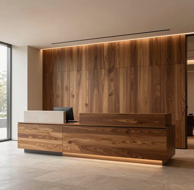 Wide shot of a sophisticated modern office reception area with custom dark wood paneling, minimalist reception desk, soft warm lighting, high-end design, 35mm