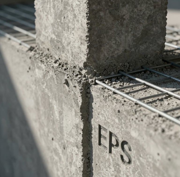 Extreme close-up of a monolithic EPS panel junction with steel mesh, raw concrete being poured, dramatic side lighting highlighting textures, architectural precision