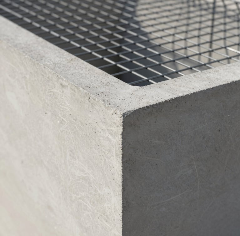 Close-up of a raw EPS monolithic structural panel integrated with high-strength microconcrete, showing the steel mesh grid and clean geometric texture under sharp natural light