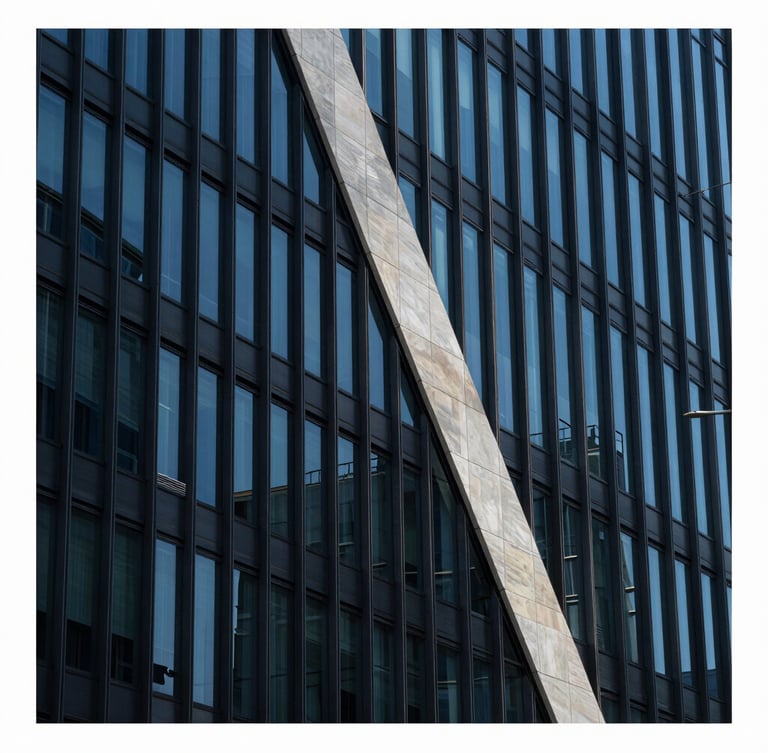 Architectural crop of a modern corporate office building facade with sharp diagonal shadows, cool high-contrast daylight, deep blue and charcoal tones, sharp focus, 35mm lens.