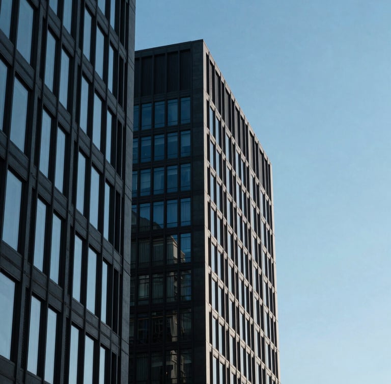 Sharp architectural lines of a modern corporate office building against a clear sky, deep blue shadows, high-contrast daylight, 35mm lens.