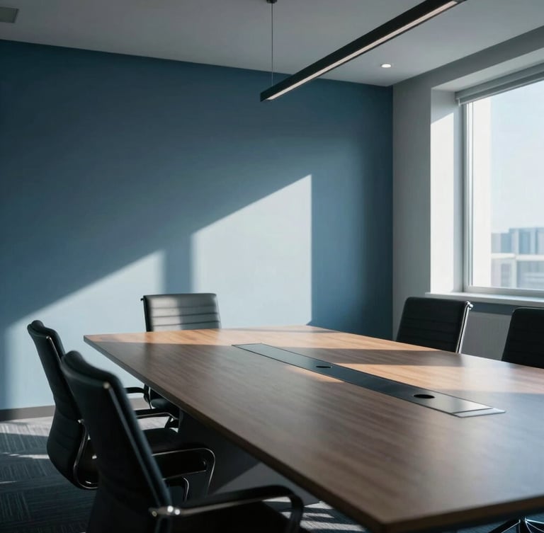 Interior of an empty modern boardroom with clean architectural lines, sharp shadows, cool daylight, 35mm lens.