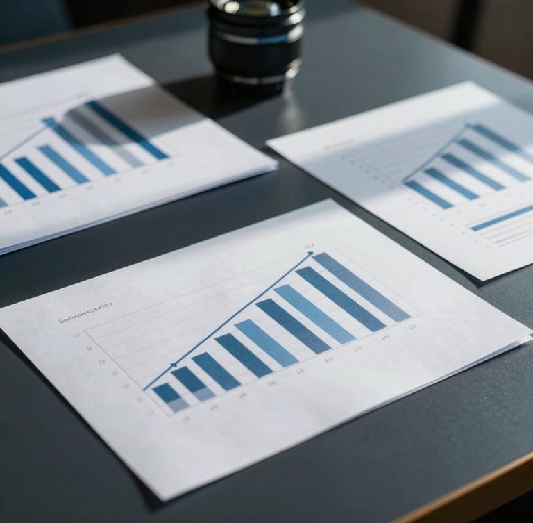Close-up of analytical charts on physical paper on a dark boardroom table, sharp cool daylight, architectural shadows, 35mm lens.