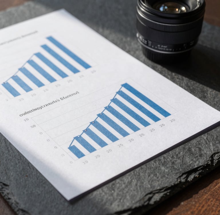 Close-up of analytical charts on physical paper on a dark slate table, sharp sunlight casting geometric shadows, 35mm lens.