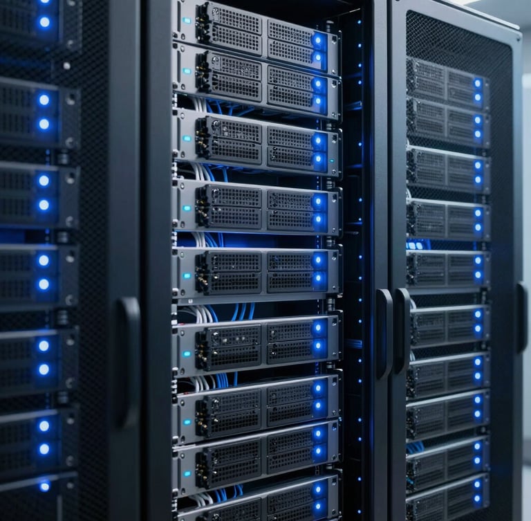 Immaculately organized server rack in a modern high-security datacenter, cool blue LED status lights, crisp focus on cabling, technical precision, 50mm lens
