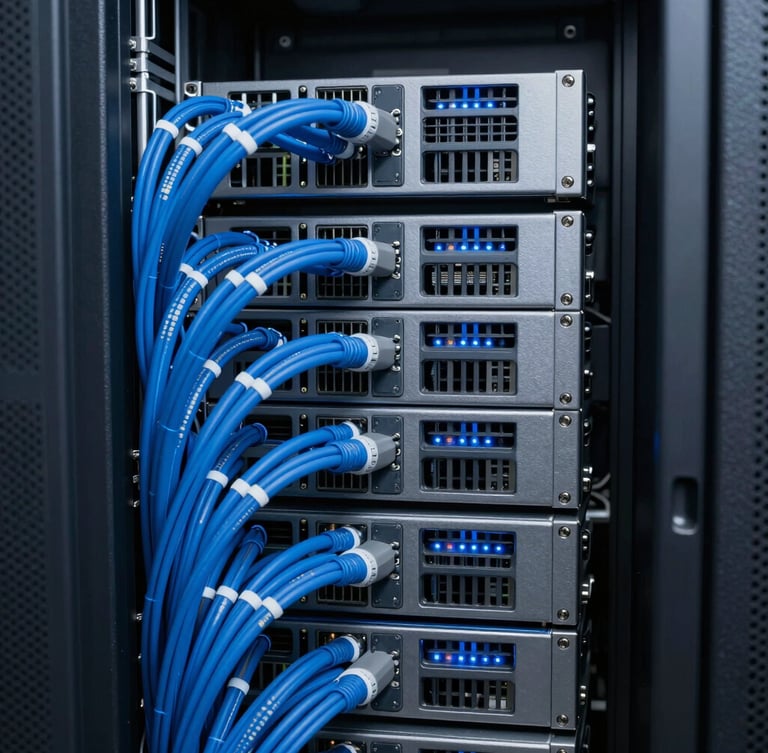 Immaculately organized server racks with clean blue LED cabling, cool slate tones, macro close-up, sharp focus