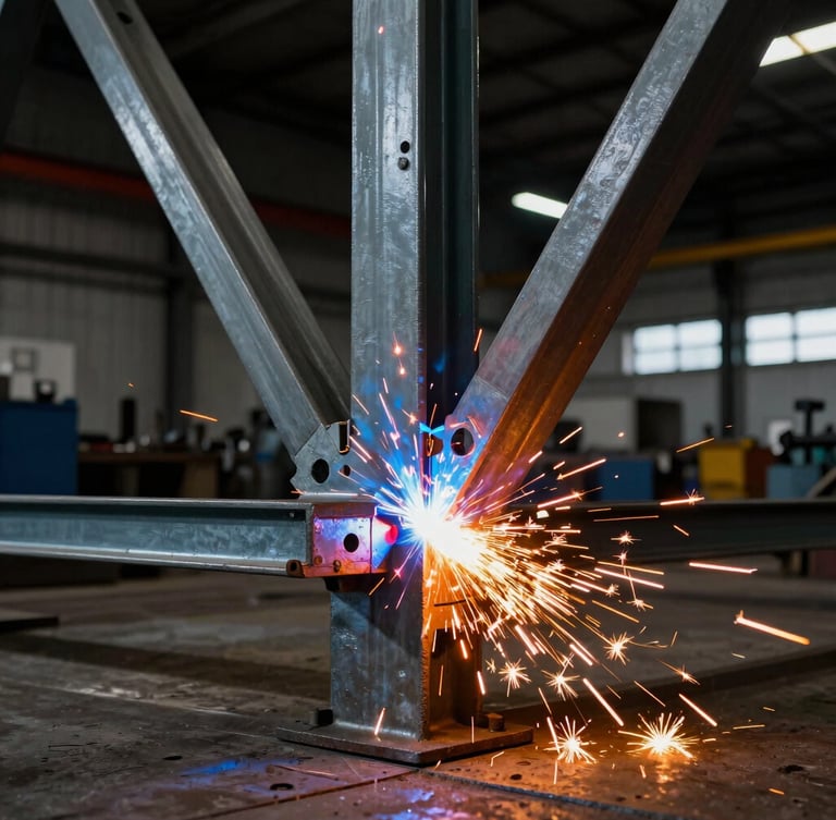 A close-up of a heavy steel truss joint being welded in a workshop, bright orange sparks flying against a dark industrial background