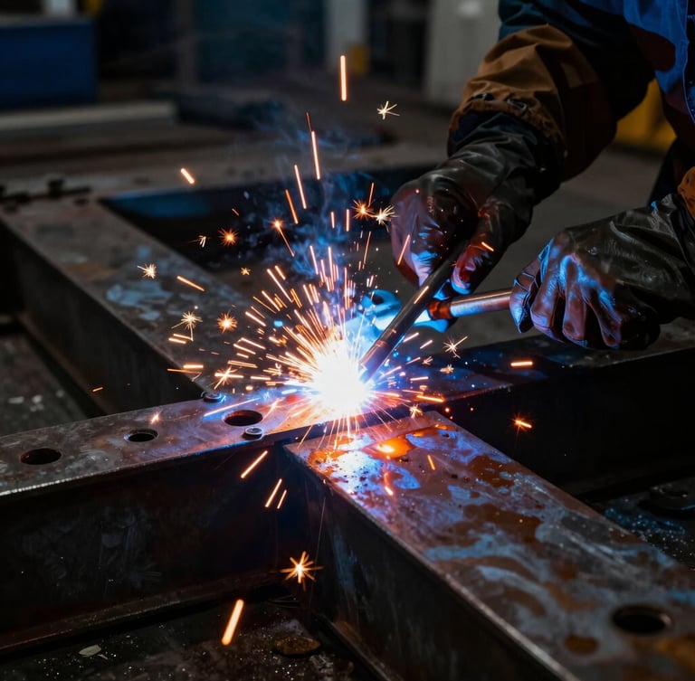 Dramatic close-up of a custom steel stage joint being welded, bright orange sparks illuminating industrial metalwork, high-contrast shadows, wide-angle lens