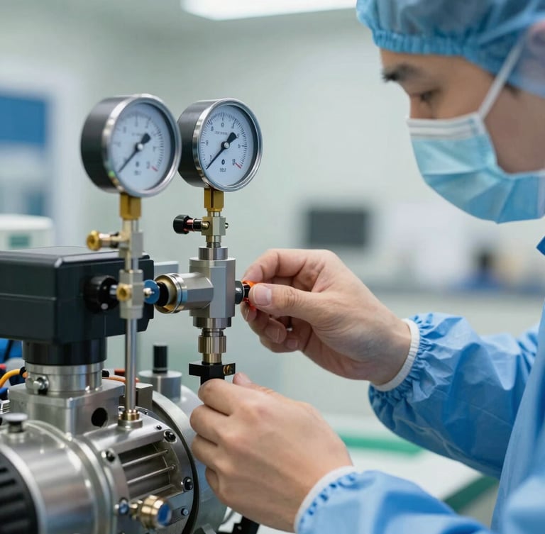 Macro close-up of a technician in clean blue PPE adjusting a high-precision pressure gauge on a metallic compressor unit, bright industrial lighting.