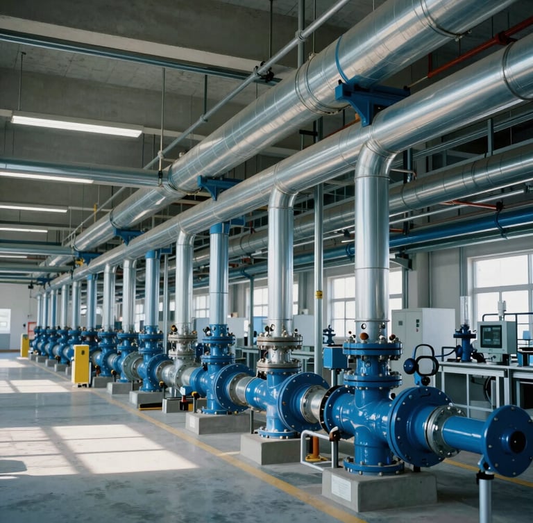 Wide shot of a clean, organized industrial plant with pristine blue and silver air piping installations running along the ceiling, cool-toned daylight.