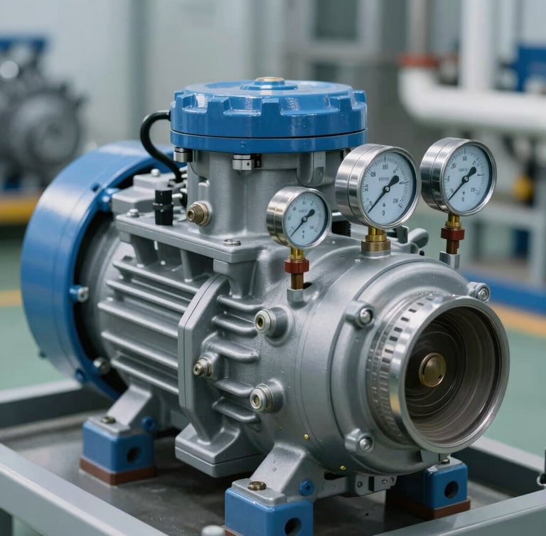 Macro shot of a pristine modern screw compressor unit with metallic blue accents, showing pressure gauges and clean industrial piping under cool-toned daylight.