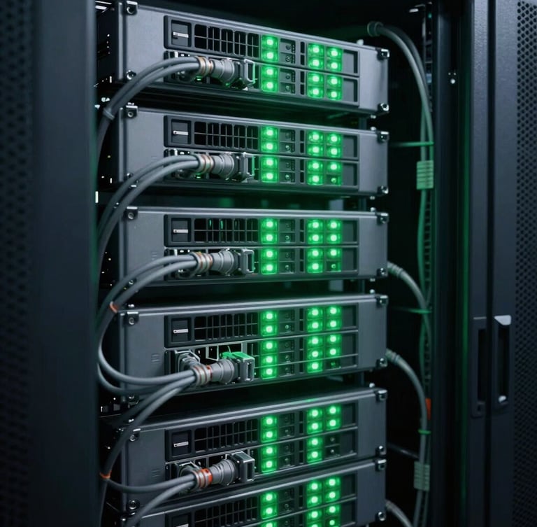 Crisp industrial photography, close-up of a perfectly organized server rack with green LED lights, structured cabling bundled with technical precision, dark graphite tone, 35mm