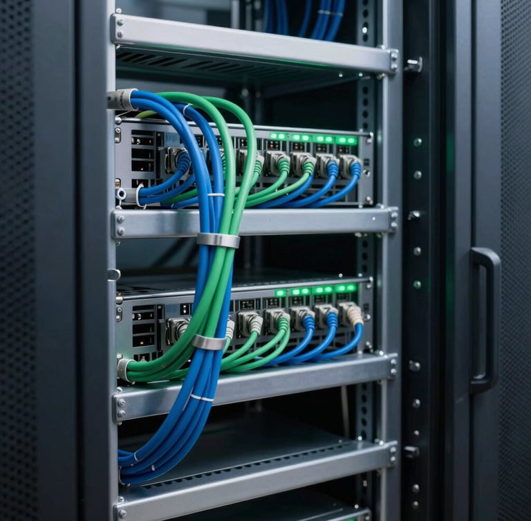 Crisp industrial photography of a modern corporate server room, perfectly bundled blue and green cables running into a clean metal rack, cool technical lighting, sharp focus, 35mm