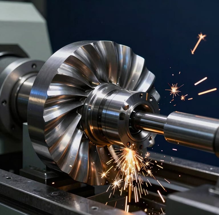 Macro close-up of a high-precision heavy steel turbine component being milled on a lathe machine, golden sparks flying, dramatic industrial lighting, dark navy background.