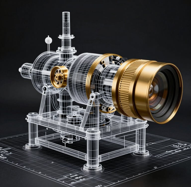 High-contrast technical blueprint schematic of heavy machinery, architectural grid lines, clean studio lighting, gold accents on dark background.