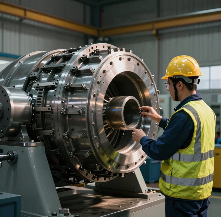 Certified engineer in safety gear inspecting a large high-precision metal turbine component inside a workshop, dramatic side lighting, industrial focus.