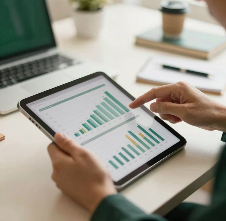 Close-up of hands reviewing financial metrics on a tablet screen, warm natural office light, deep green and cream tones, professional editorial setting, shallow depth of field, 35mm