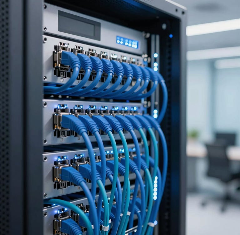 Medium close-up of a modern server rack with perfectly organized blue and teal ethernet cables, cool ambient LED lighting, crisp focus on technical details, 35mm lens.